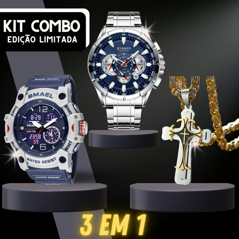 Kit Combo Edição Limitada  - 2 Relógios + Corrente c/ Crucifixo 2023 (Cód. 946723GS)