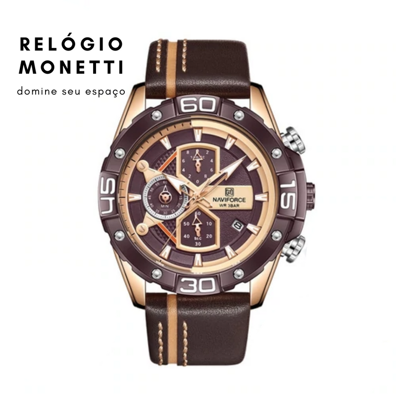 Relógio Monnetti Luxury Genuíno Aço Inoxidável & Couro (Cód. 269028819GS)