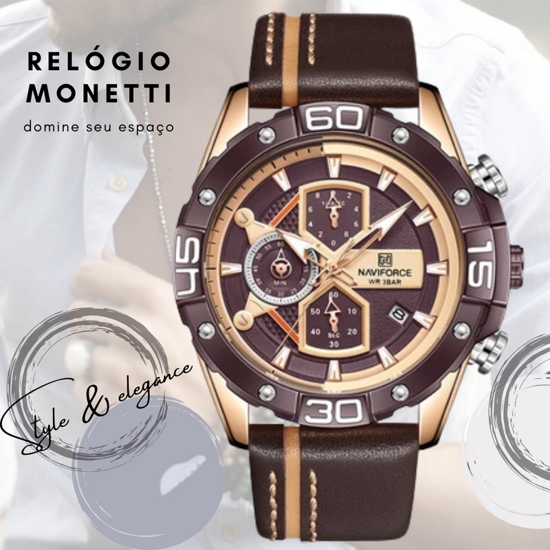 Relógio Monnetti Luxury Genuíno Aço Inoxidável & Couro (Cód. 269028819GS)