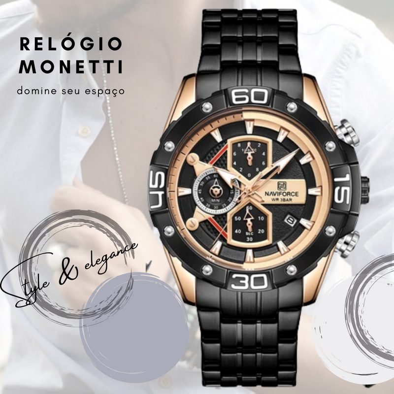 Relógio Monnetti Luxury Genuíno Aço Inoxidável & Couro (Cód. 269028819GS)