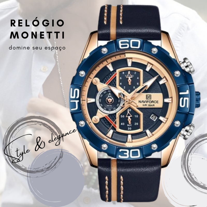 Relógio Monnetti Luxury Genuíno Aço Inoxidável & Couro (Cód. 269028819GS)