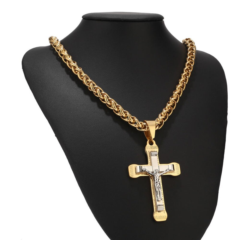 Cjto Corrente Trançada c/ Crucifixo Inri Cristo Gold and Silver 2020 (Cód. 01622020GS)