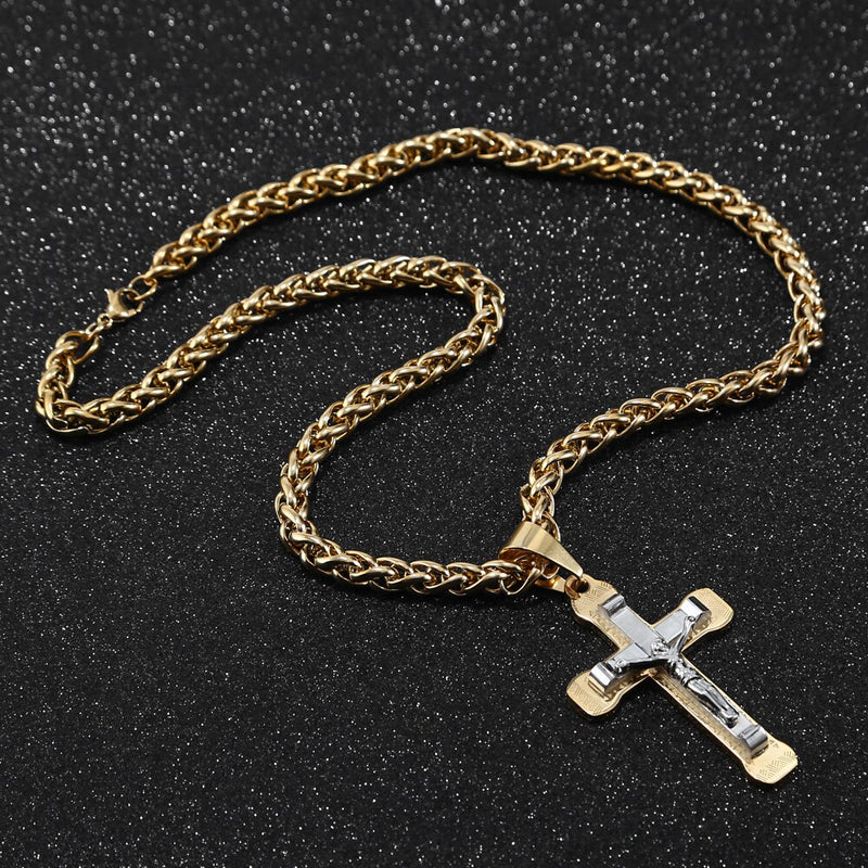 Cjto Corrente Trançada c/ Crucifixo Inri Cristo Gold and Silver 2020 (Cód. 01622020GS)