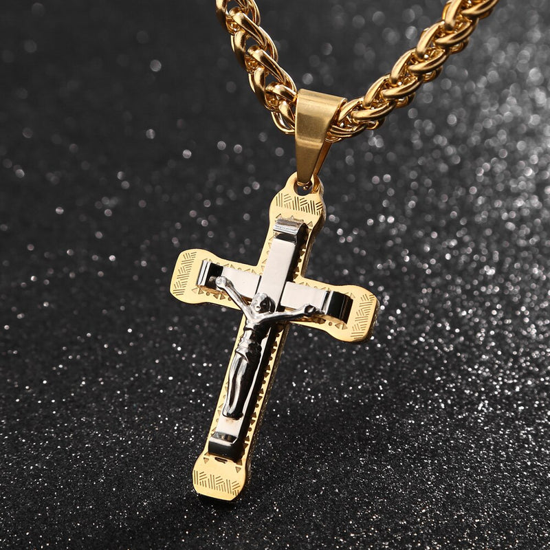 Cjto Corrente Trançada c/ Crucifixo Inri Cristo Gold and Silver 2020 (Cód. 01622020GS)