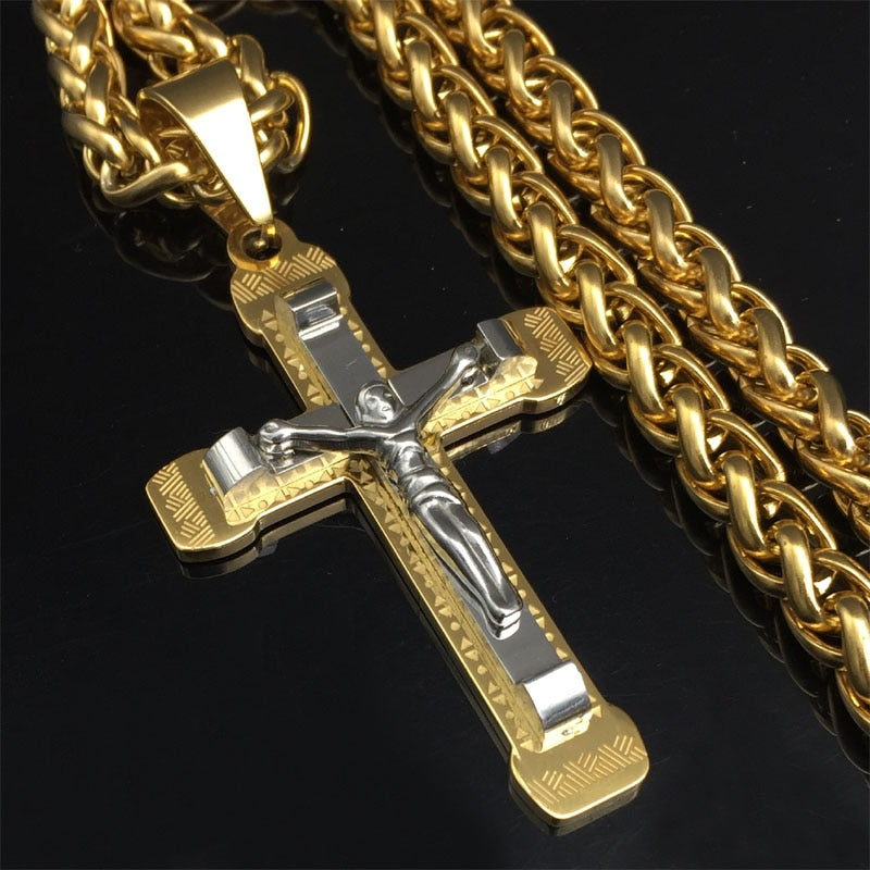 Cjto Corrente Trançada c/ Crucifixo Inri Cristo Gold and Silver 2020 (Cód. 01622020GS)