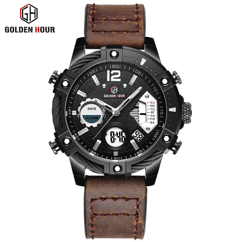 Relógio Masculino Golden Hour Digital Led Pulseira em Couro 2021 (Cód. 12062020GS)