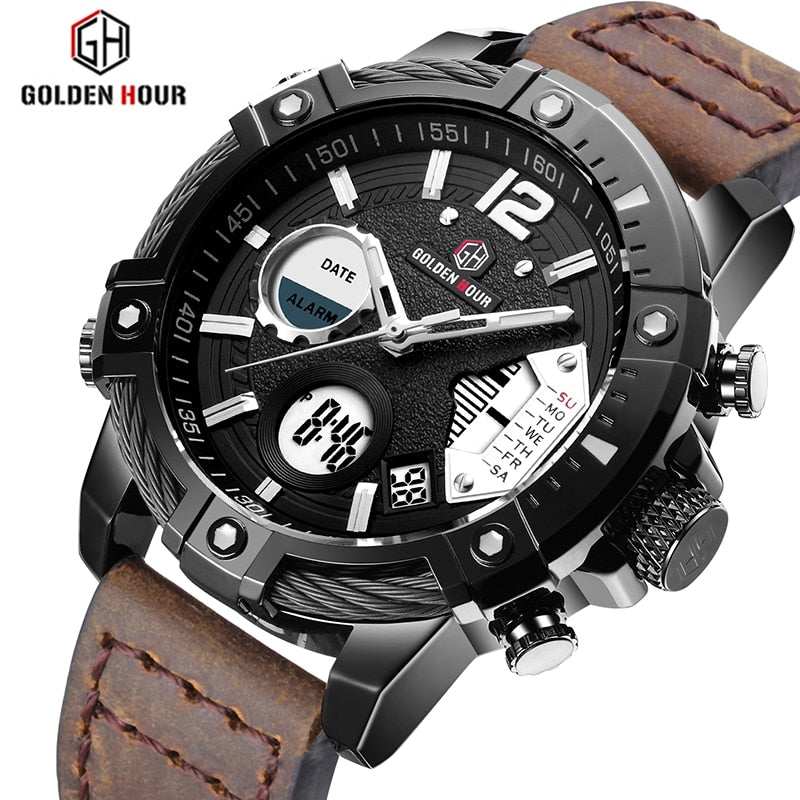 Relógio Masculino Golden Hour Digital Led Pulseira em Couro 2021 (Cód. 12062020GS)