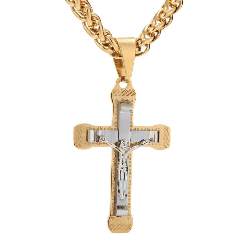 Cjto Corrente Trançada c/ Crucifixo Inri Cristo Gold and Silver 2020 (Cód. 01622020GS)