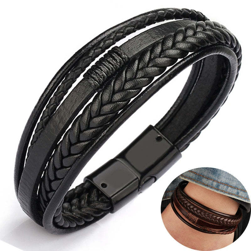 Pulseira Masculina em Couro Fecho Magnético